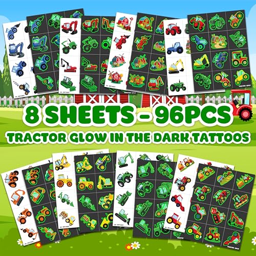 Image of 96 PCS Tractor Pre-Cut Luminous Glow in the Dark Temporary Tattoos for Kids | Farm Farmhouse Theme Birthday Party Favors, Supplies, Decorations, Fake Tattoo Stickers, Rewards & Gifts For Boys & Girls