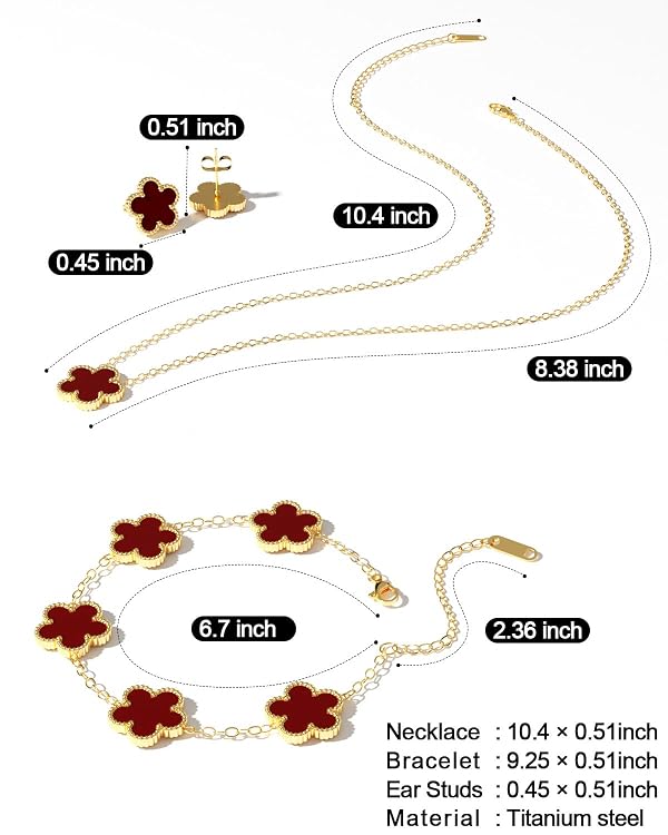 AICase Clover Jewelry Set,18K Gold Plated Lucky Clover Bracelet,Four Leaf Clover Necklace and Clover Earrings Fashion Jewelry Sets Gifts for Women/Mon_Red by AICase - Used condition - Image 3