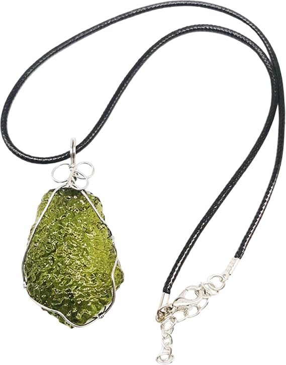 Moldavite Necklace, Green Irregular Crystal Meteorite Necklace with Metal Support and Leather Rope, Moldavite Pendant for Birthday Meteorite