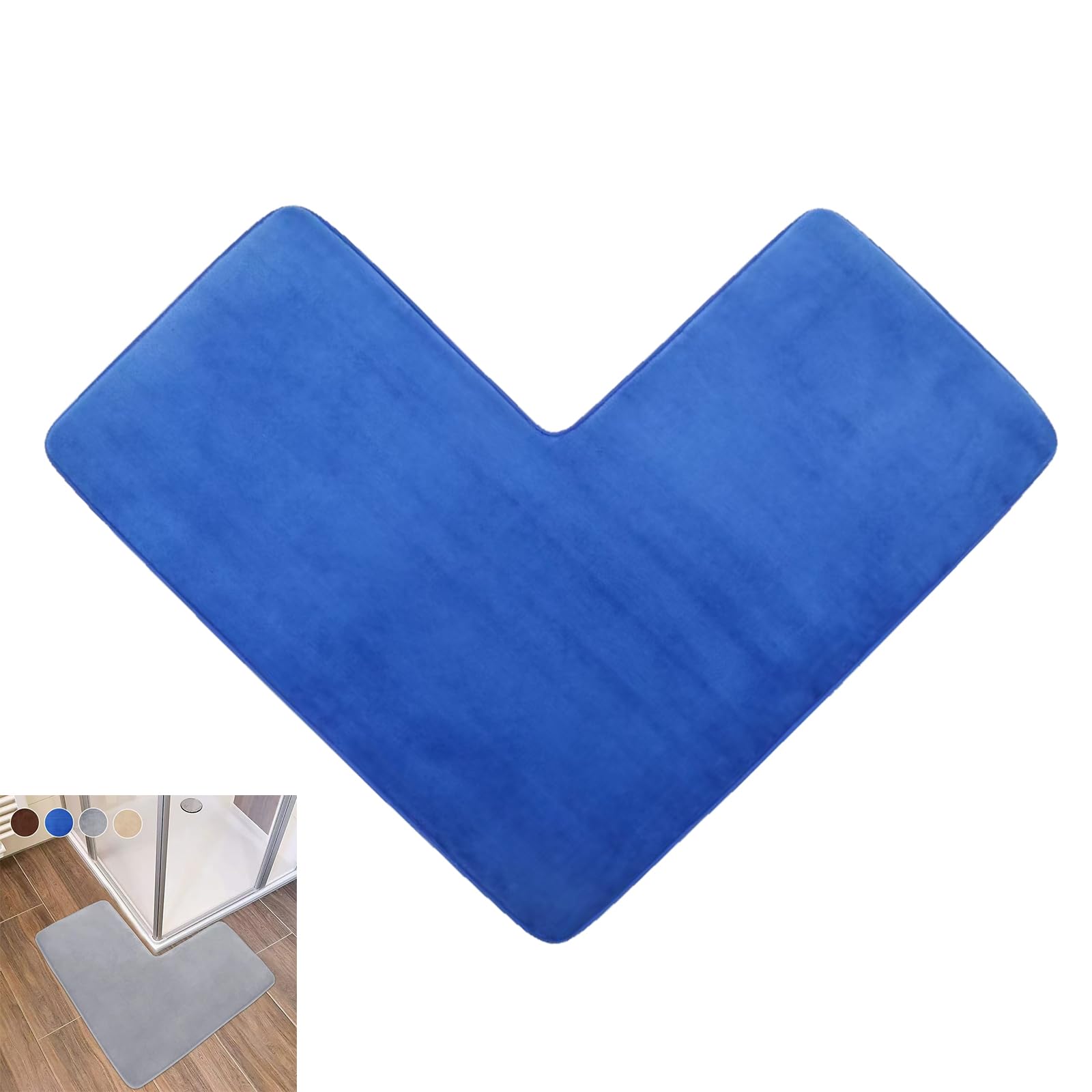 ACESOME L-Shaped Corner Shower Mat, 80x80cm Absorbent Non Slip Bath Mat, Coral Fleece Bathroom Carpet, Supersoft Machine Washable Bath Mat for Corner Showers, Tubs (Blue)