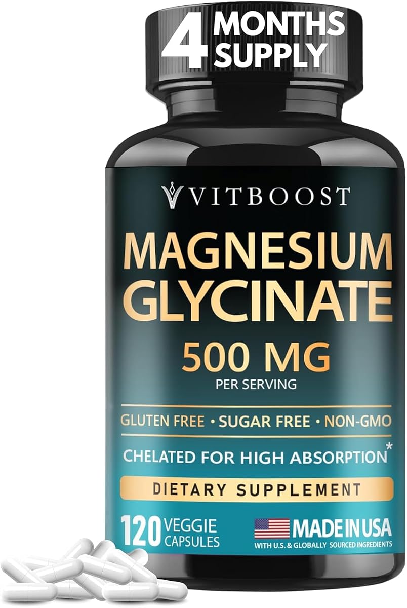VITBOOST Glicinato de magnesio 500 mg - Apoyo al sueño 120 cápsulas vegetarianas | Suplemento quelado de alta absorción de apoyo al estrés - Sin OGM, probado por terceros - Fabricado en EE. UU.