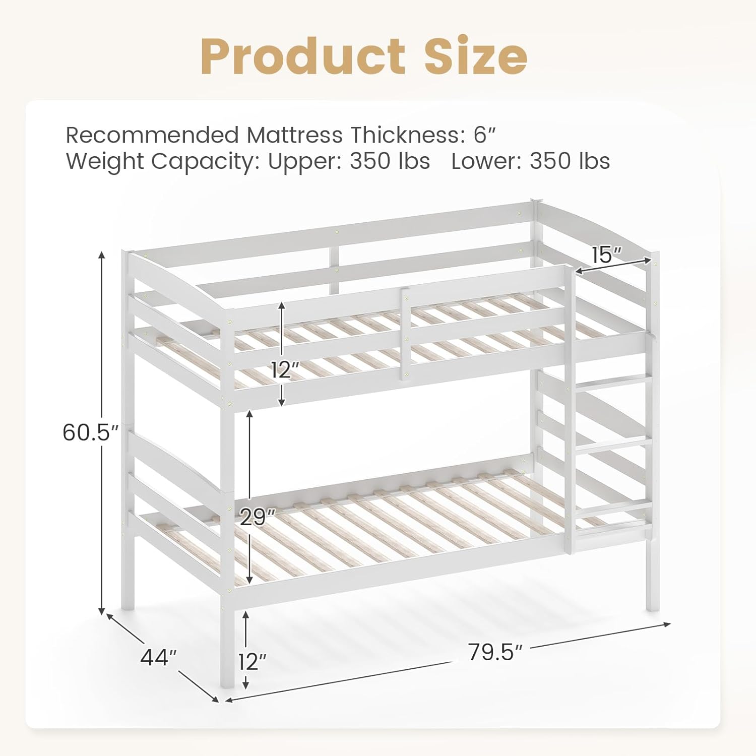 Giantex Bunk Bed Twin Over Twin, Solid Wood Detachable Bed Frame with High Guardrails & Integrated Ladder, Wooden Slatted Bunk Bed for Kids & Teens, No Box Spring Needed, White
