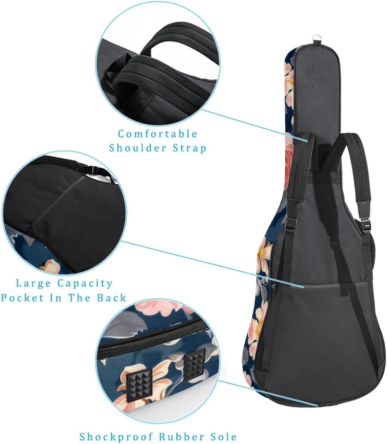 Acoustic Guitar Bag 0.4 Inch Thick Padding Waterproof Guitar Case Gig Bag for 40 41 42 Inch Electric Bass Classical Guitar, Colorful Flowers Floral