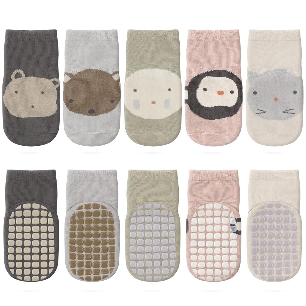 Kyopp 5 Paar Stoppersocken Baby Kleinkinder ABS rutschfeste Socken Tiermotive Kindersocken Animals Baumwolle Socken Crew Socks