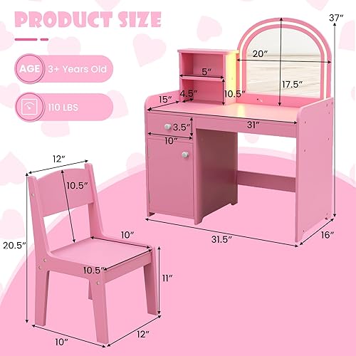 Miniatura 60 de INFANS Vanity - Juego de escritorio y silla de maquillaje de princesa 2 en 1 con espejo desmontable de tres pliegues, estantes de almacenamiento