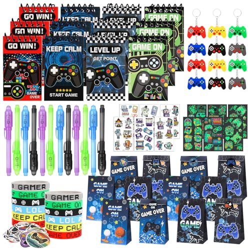 ARIEL-GXR 122 PCS Video Game Party Bag Fillers, Gaming Party Favours, Boys Party Bags with Gift Bags Silicone Bracelet Keychain Mini Notebook and Glow Temporary Tattoos, Goodie Bag Fillers for Kids