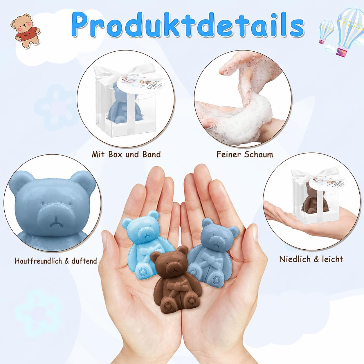 36 Stück Bären Seife Babyparty Gastgeschenke, Mini Baby Shower Bärenseife mit Geschenkbox Dankeskarten, Kleine Duftend Seife für Jungen Mädchen Gender Reveal Taufe Gäste Mitgebsel, Blau & Braun