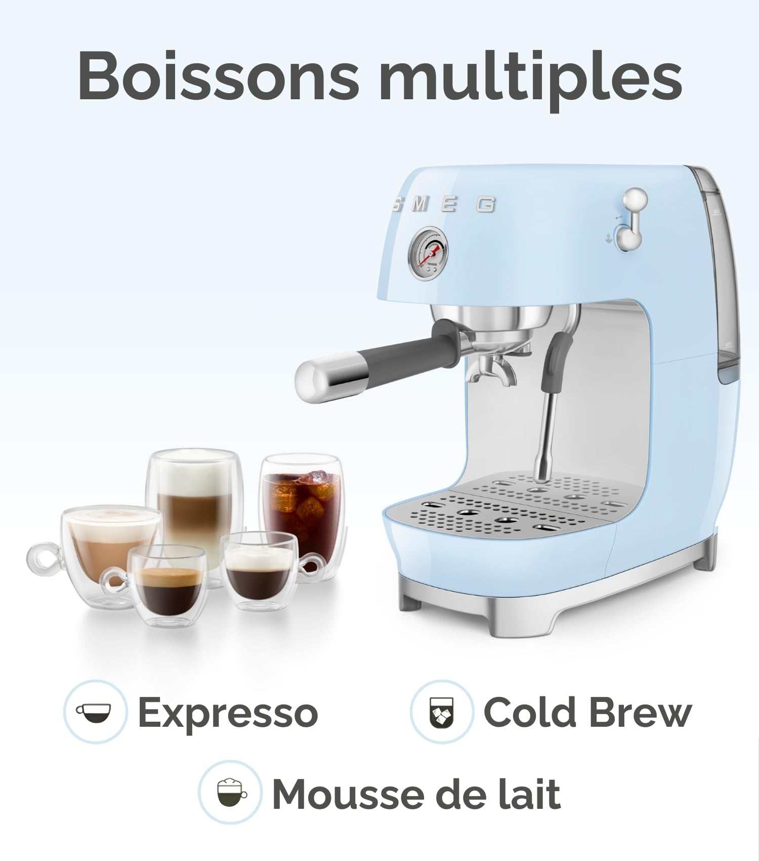 Smeg, Machine à Café Espresso Manuelle ECF03CREU, Thermoblock, Fonction Cold Brew, Buse Vapeur et Manomètre, Réservoir de 1,4 L, 1650 W, Crème