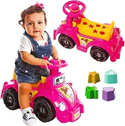 Kit andador infantil totokinha bebe carrinho de passeio totoka triciclo patrulha carro fusca + brinquedo bebê blocos didaticos brinquedos pedagogicos jogos educativos crianças 1 ano (Rosa/Amarelo)