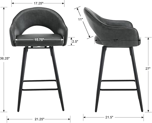 Miniatura 2 de Juego de 2 taburetes de bar giratorios modernos, de 27 pulgadas, tapizados de poliuretano, altura de mostrador, con patas de metal, respaldo hueco