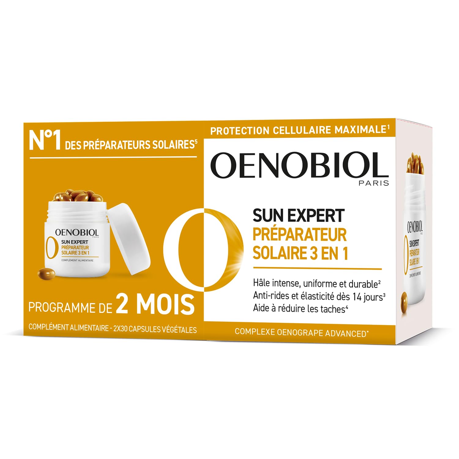 Oenobiol Sun Expert Préparateur Solaire 3-en-1 - Triple Action - Protection Cellulaire - Hâle Intense - Anti-Âge Global - Prouvé Cliniquement - Complément Alimentaire - 2 x 30 Capsules Végétales