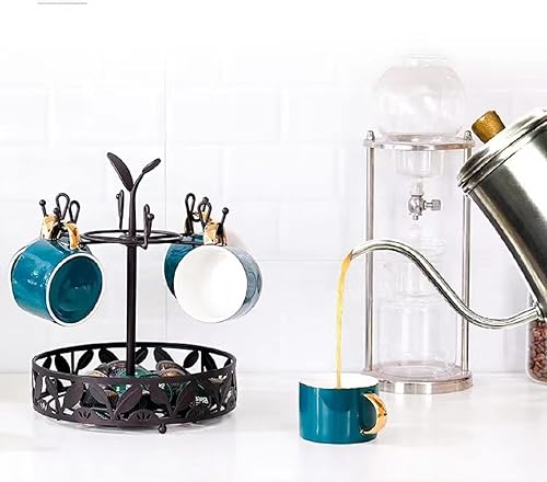 Miniatura 4 de Soporte para tazas para barra de cocina con cesta de almacenamiento, soporte multifuncional para tazas para mostrador con 6 ganchos para barra de