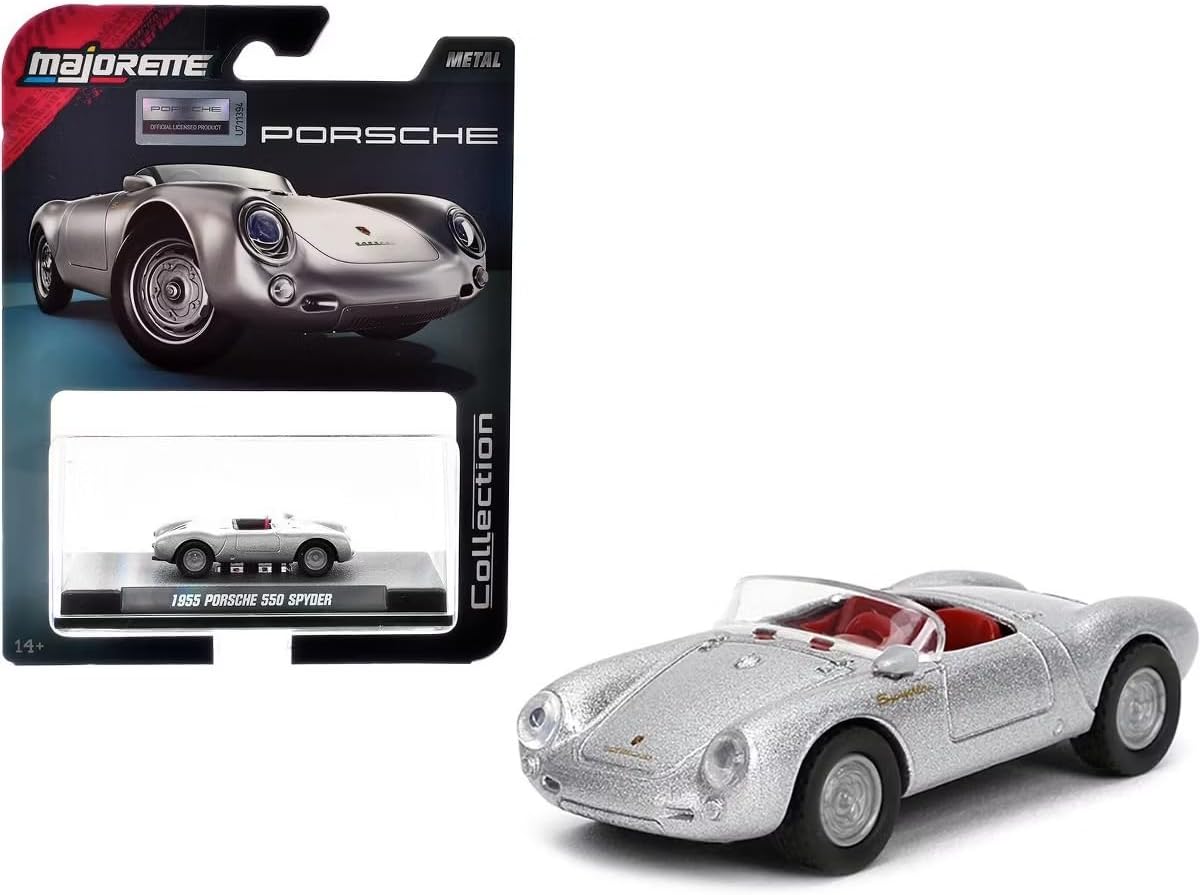 Majorette Collection – 1955 Porsche 550 SPDER 1:64 Die-Cast Model Car with Rubber Tires & Display Case, for Collectors & Adults