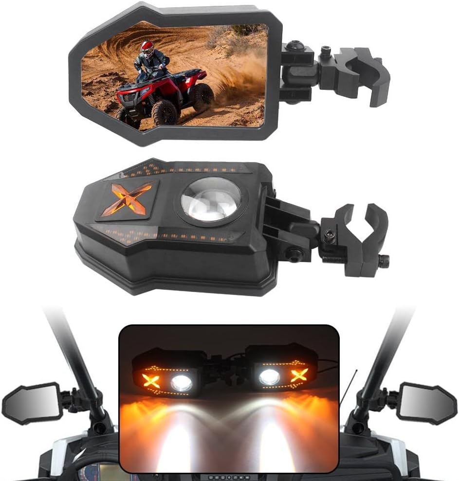 UTV Side Rear View Mirrors with Spot Light, Turn Signal & DRL | Fits 1.3"-2.0" Roll Bars for Polaris RZR, Can-AM, Yamaha, Suzuki, Arctic Cat & More