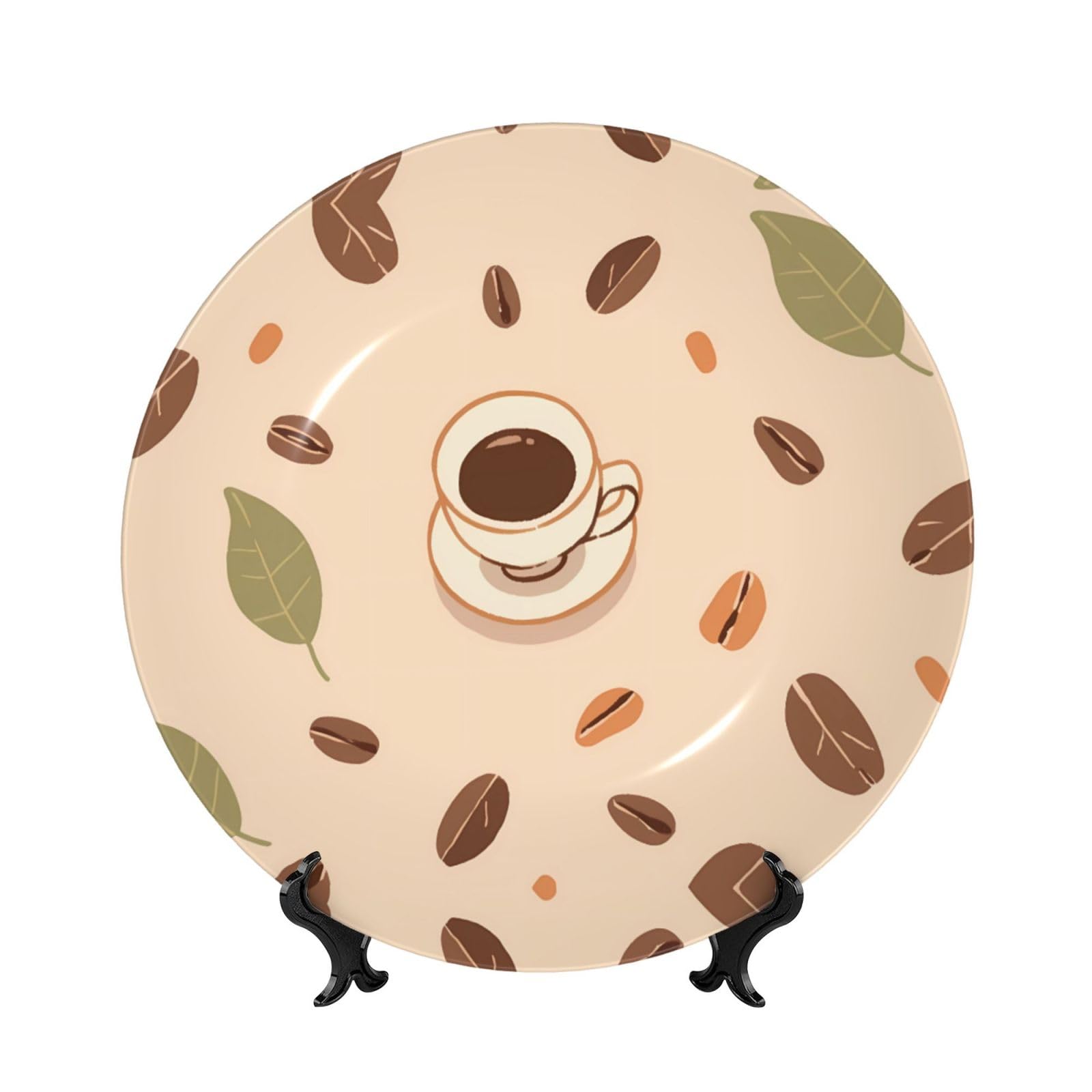 PHAYAH Coffee Bean Coffee Cups Pattern Bone China Decorative Plate Ceramic Dinner Plates Crafts With Vertical Stand For Home Office Decor 6in