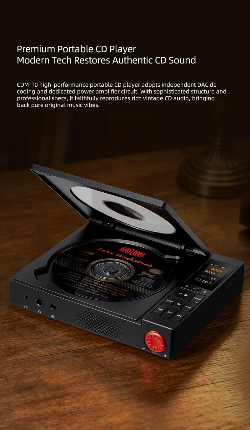 xDuoo CDM-10 Tragbarer Röhren-CD-Player & Kopfhörerverstärker, 1087mW BAL | 2x CS43198-DAC, 2x JAN6418-Röhren, 4,4/6,35/3,5-mm-Ausgänge, Koax/Opt/RCA, PCM384kHz DSD256 MQA, 632mW SE, 3,7V/6000mAh