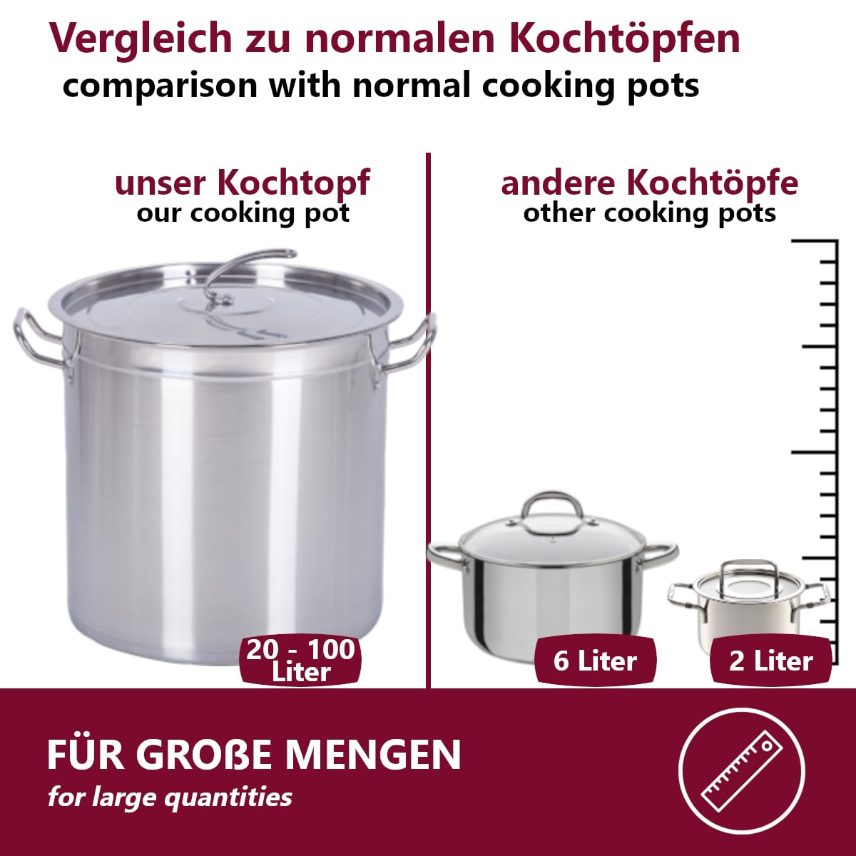 HOOZ Gastronomie Casserole à soupe - 15 à 270 litres en acier inoxydable - idéal pour tous les types de cuisinières et grandes cuisines - Ensemble de casseroles pour la restauration (35L)