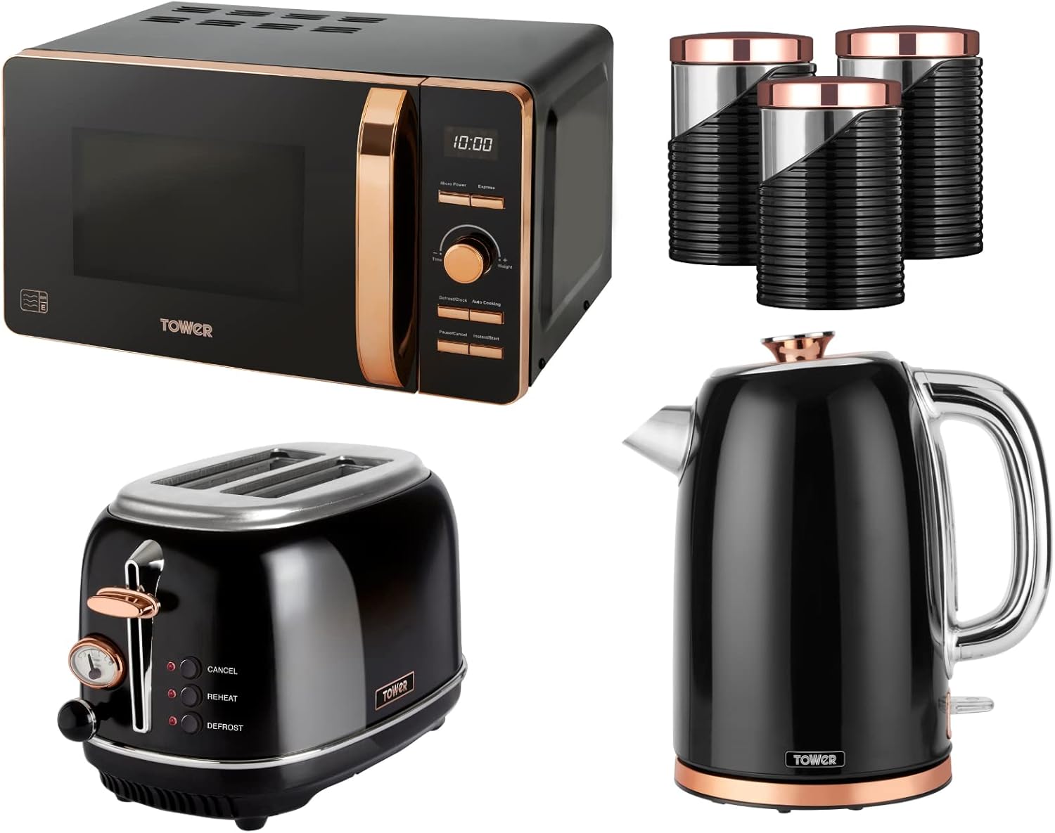 Tower Black & Rose Gold 1.7L 3KW Jug Kettle, Bottega 2 Slice Toaster