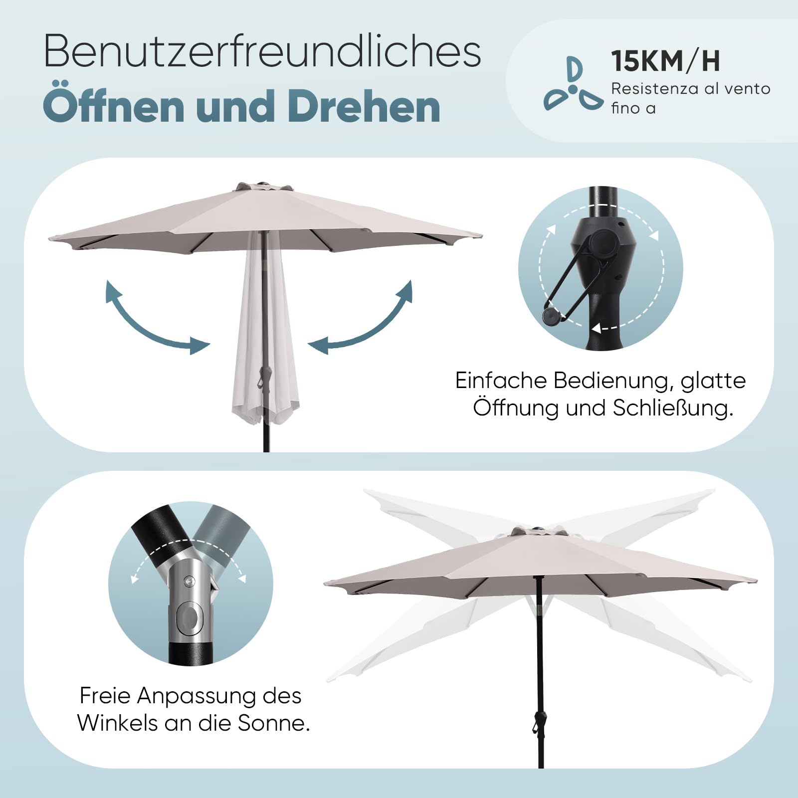Sekey Ombrellone 300 cm con protezione UV50+, impermeabile, con manovella, ideale per giardino, balcone e terrazza