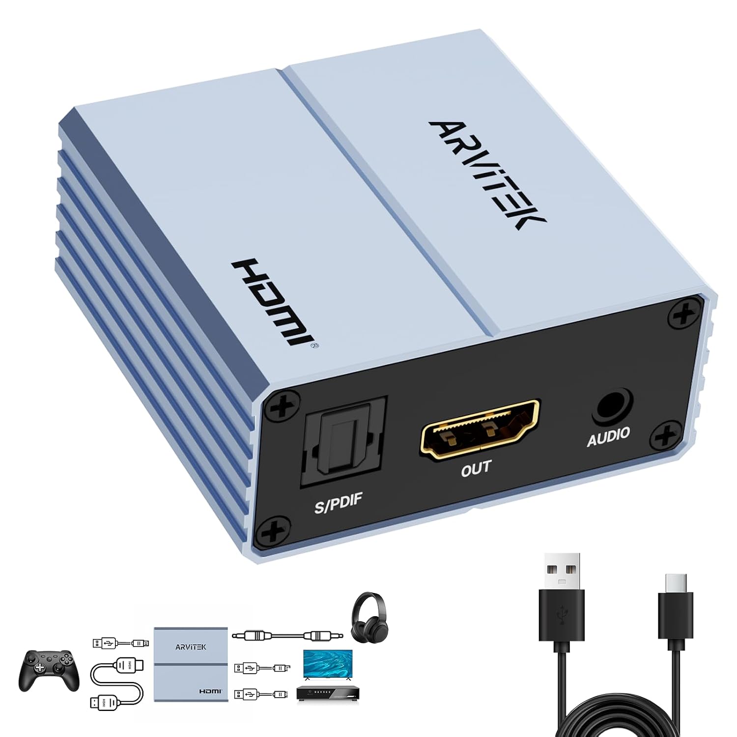 HDMI Audio Extractor 4K, HDMI to Optical 5.1 S/PDIF & 3.5mm AUX Audio Adapter, 192KHz Audio Converter for Blu-Ray Player, TV Box, Soundbar, Amplifier, Headphone, Support PCM Dolby