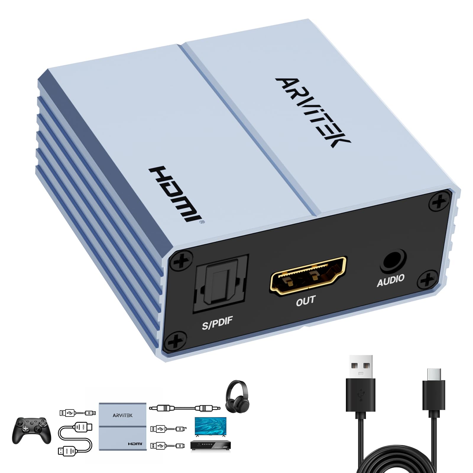 Extractor de audio HDMI 4K, HDMI a HDMI y convertidor de audio S/PDIF + adaptador de salida de audio de 3,5 mm con cable de carga USB C