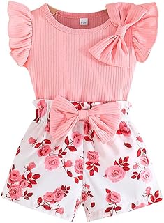 Conjuntos ropa de bebé niñas, borde con volantes, manga corta, cuello redondo, nudo lazo, estampado floral decorativo, pantalones cortos, verano conjunto de ropa niña, Rosa 6 Meses-3 Años