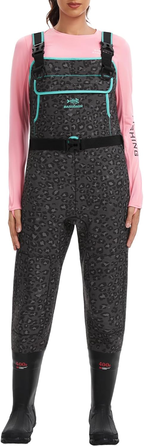 BASSDASH Women Neoprene Chest Waders Leopard for Fishing Hunting with 400 Grams Insulated Rubber Boot Foot