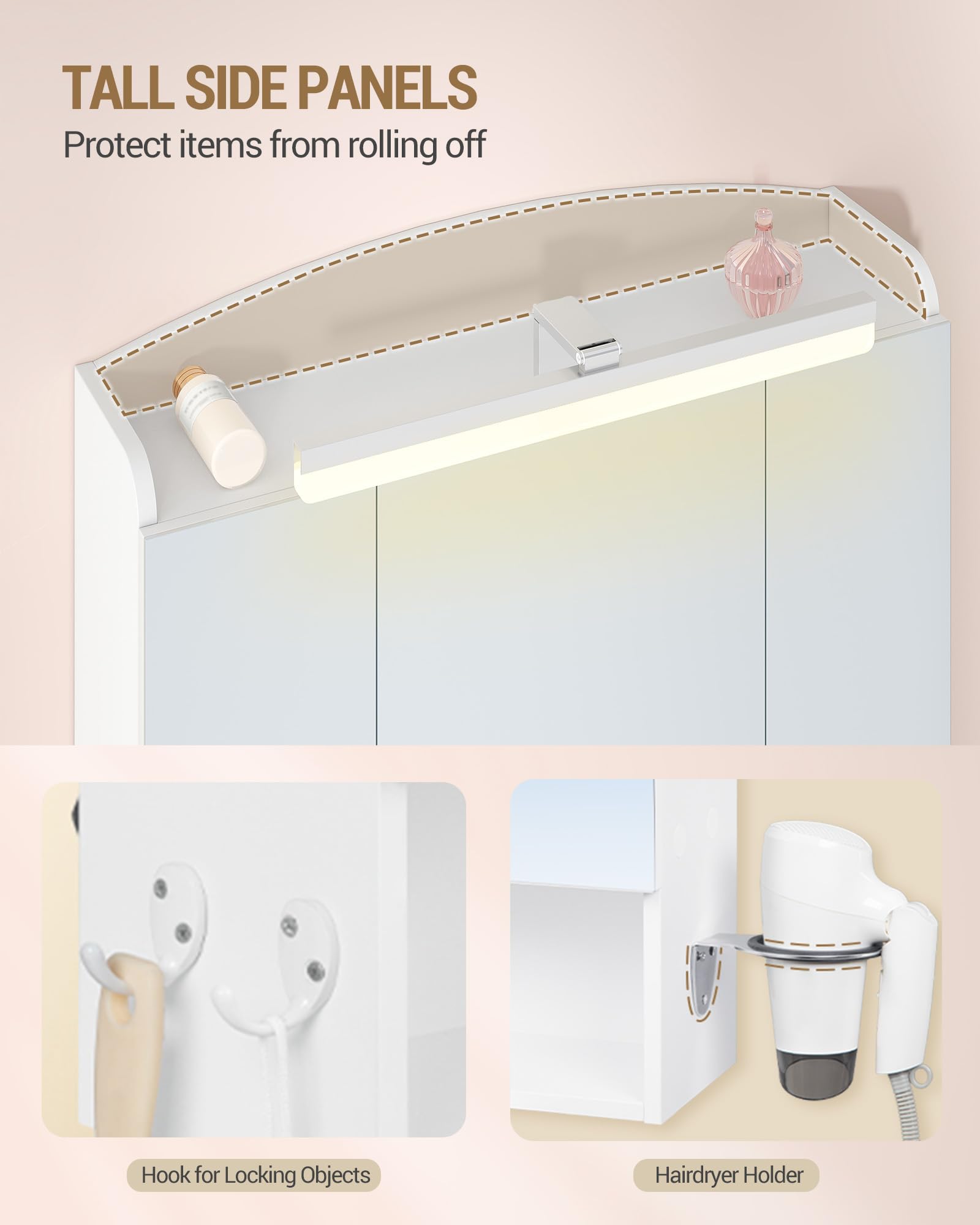 Hzuaneri Specchio Bagno Contenitore, Mobiletto a Specchio con LED e Presa Multipla 2AC+2USB, Porta Asciugacapelli e Ganci, Interruttore e Spina, Ripiani Regolabili, 16,5x70x75cm, Bianco MC00603XEU