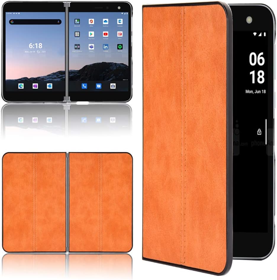 Compatible with Microsoft Surface Duo Case,Compatible with Microsoft Surface Duo PU Leather Texture Shockproof 3 in 1 (PU+PC+TPU) Camera Protection Cover Brown