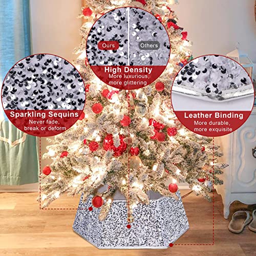 Blissun Christmas Tree Collar, Sequin Christmas Tree Skirt, Folable Christmas Tree Ring, Xmas Tree Stand Base Cover For Christmas Tree Decoration, Hexagon Sliver #TOP2