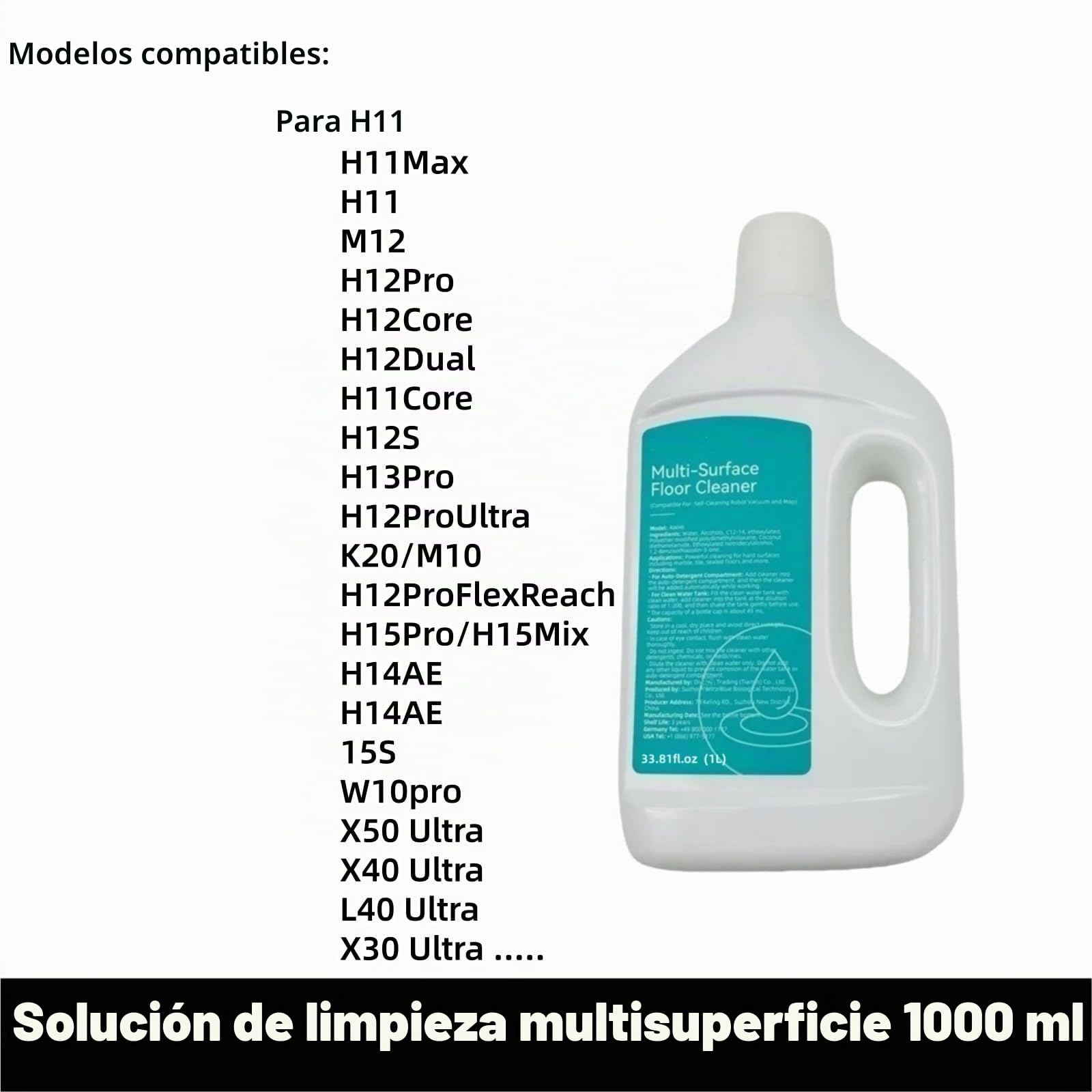 Solución de limpieza de suelos compatible con Dreame X50 Ultra X40 Ultra L40 Ultra X30 W10/W10 Pro/L10s Ultra/S10/S10 PRO/S10 Plus Robot Aspirador, 1000ml, paquete de 2