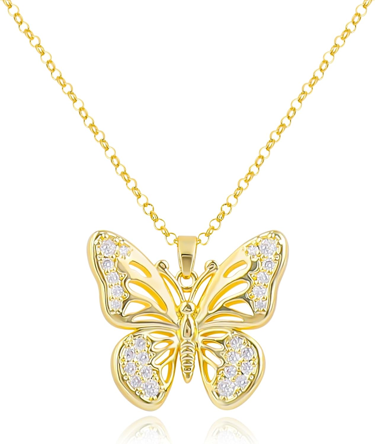 MOONWALTZ Gold Butterfly Necklace for Women 14K Gold Plated Hollow Butterfly Pendant Necklace Cubic Zirconia Butterfly Charm Necklaces Adjustable Trendy Insect Fairy Jewelry Gift for Women