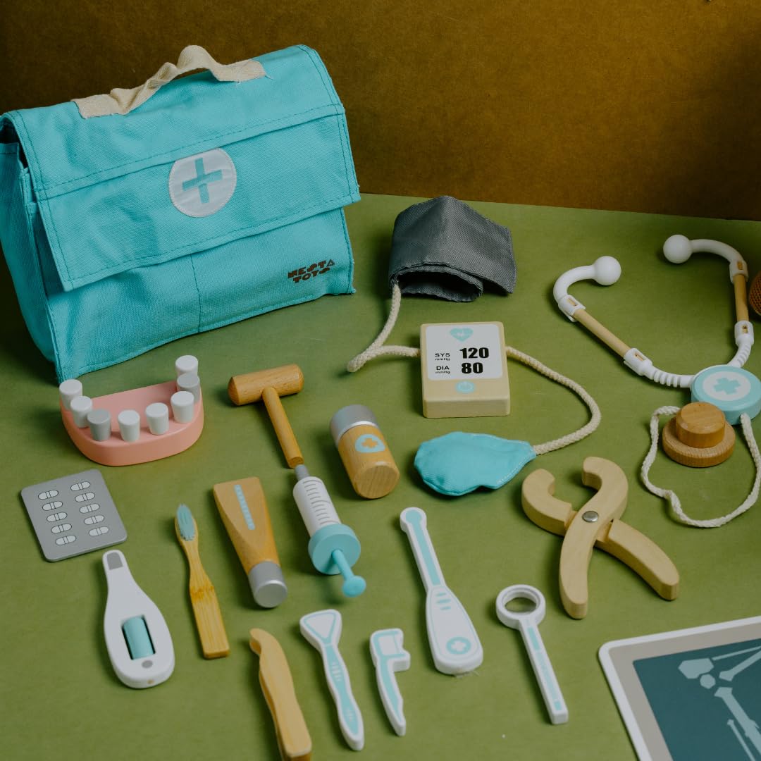 Wooden Doctor Set for Kids Boys or Girls | 18 Pcs Kit | Doctor Set for 6 Year Old Kids | Builds Interactive & Cooperative Play