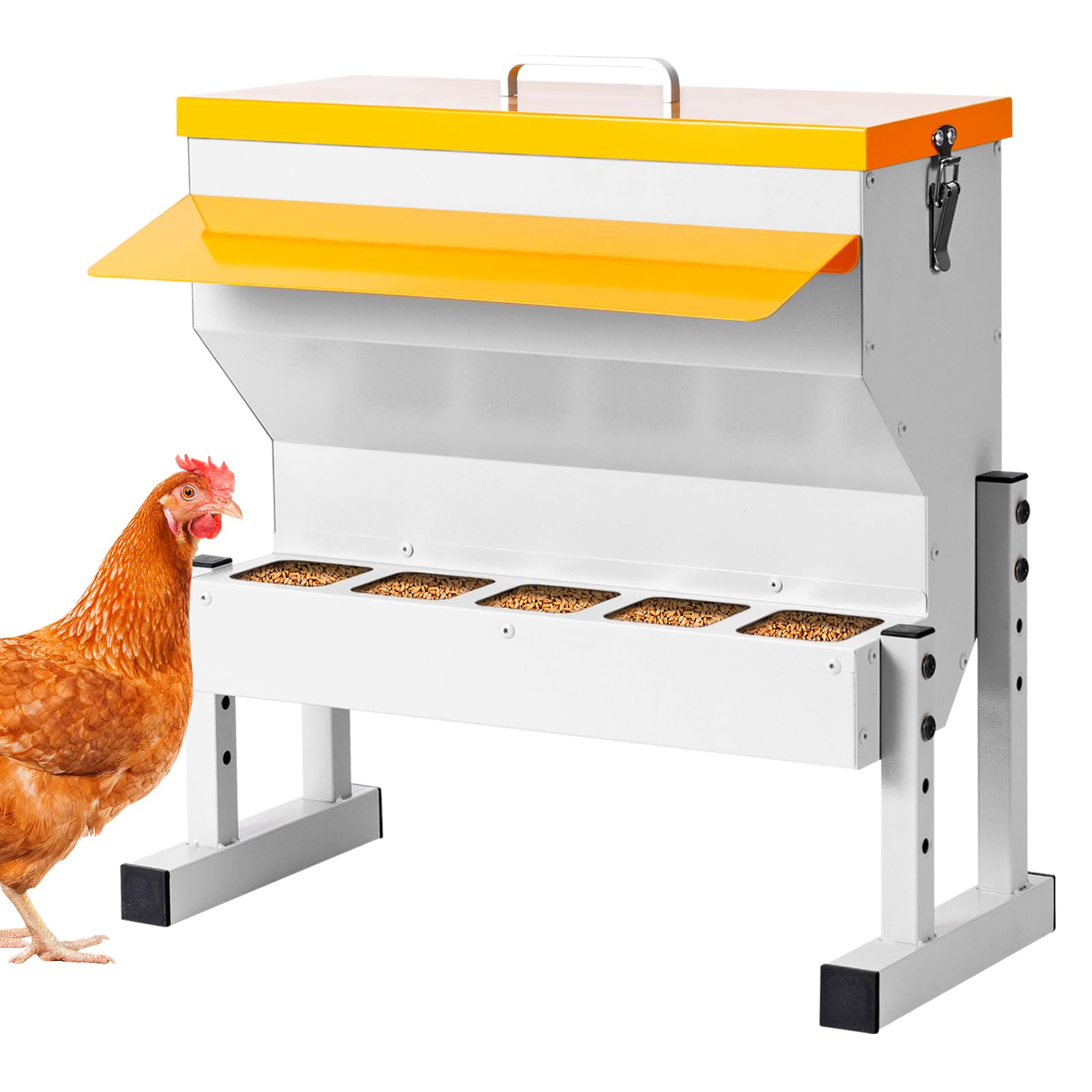 16L Automatisch Hühnerfutterautomat, Edelstahl 5 Futterstellen Futterautomat Hühner, Metall Automatischer Geflügelfutterautomat für Hühner, Enten, Gänse, Geflügel, Höhenverstellbar