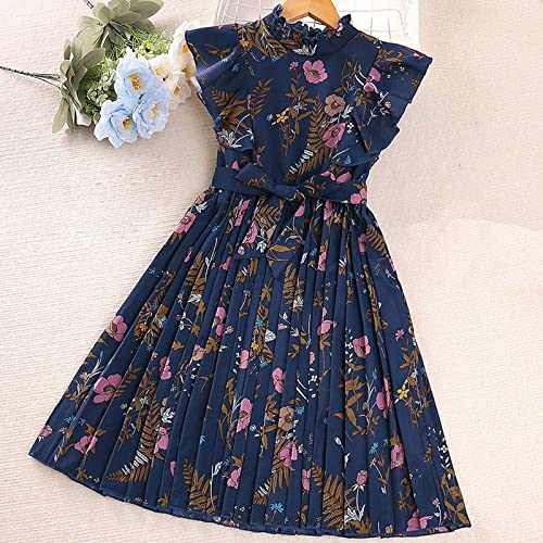 Kids Girls Floral Dress Boho Ruffle Sleeve Pleated Casual Swing Dresses Vintage Print Girls Summer (Blue, 8-9Years)2
