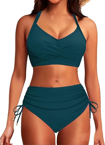 Womens Crop Top High Waisted Cheeky Bikini Set Two Piece Swimsuits with Scoop Neck Spaghetti Adjustable Straps