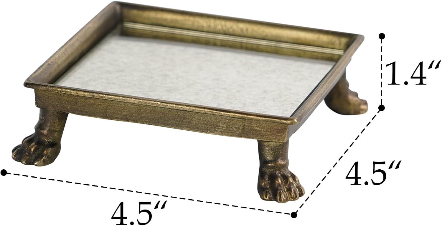 NIKKY HOME Clawfoot Jewelry Dish with Anique Mirror, Vintage Gold Ring Holder Trinket Display Decorative Metal Tray Classy Birthday Gifts for Women