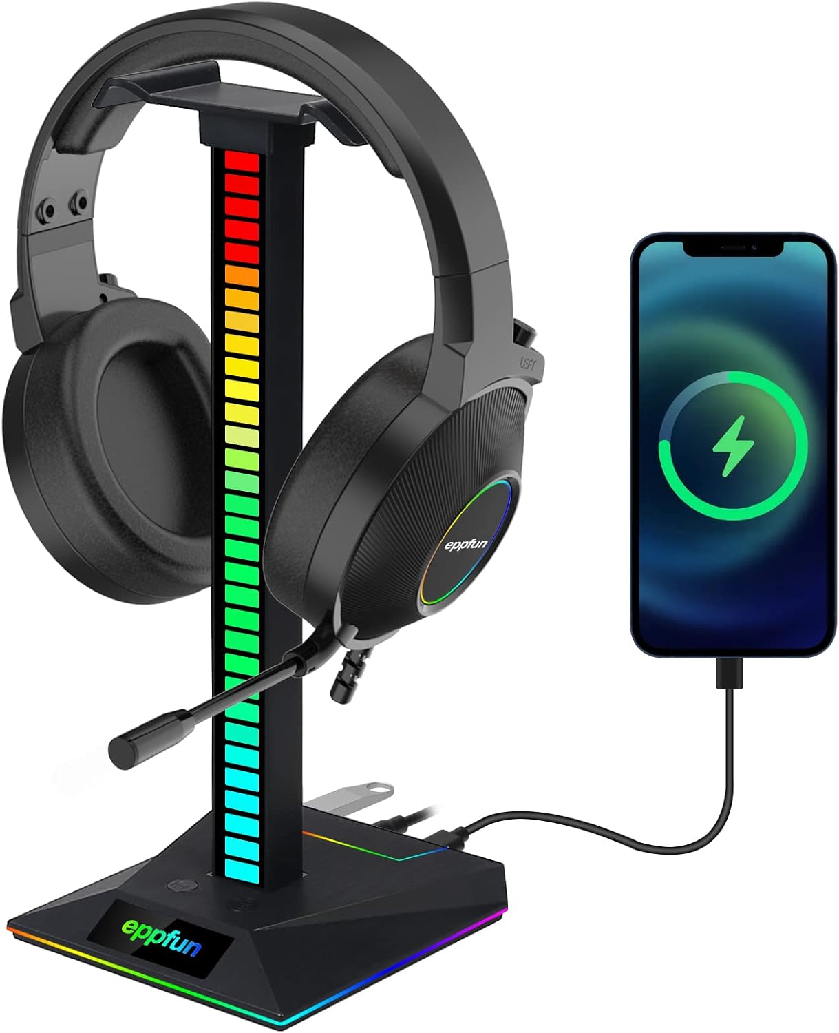 eppfun Headphone Stand, PC Gaming RGB Headset Holder with 3.5mm AUX and