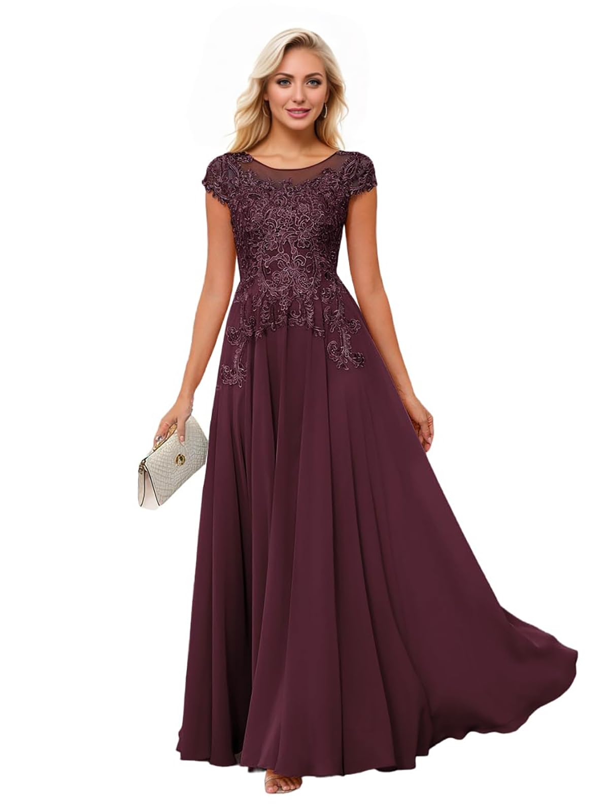 HUINI Damen Brautmutterkleider für Hochzeit Chiffon Rüschen mit Spitzenapplikation und Flügelärmeln Kleid Hochzeitsgast Damen Formell Abendkleider Elegant Für Hochzeit