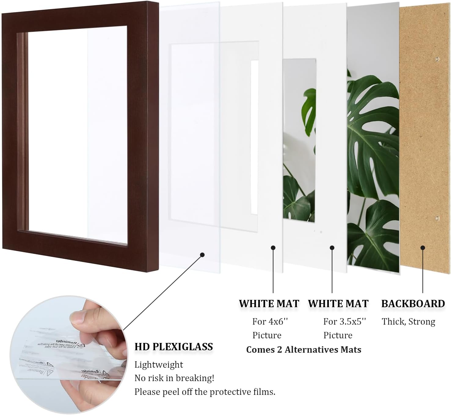 Egofine 5x7 Picture Frames Made of Solid Wood with Plexiglass, Display Pictures 3.5x5/4x6 with Mat or 5x7 Without Mat Set of 4 for Tabletop and Wall Mounting, Walnut Color - Image 4