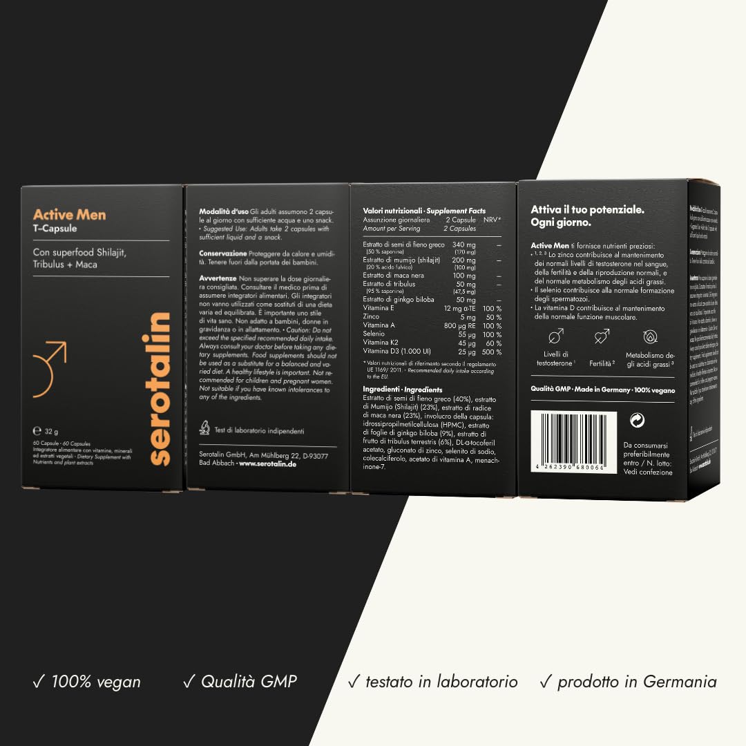 serotalin ACTIVE MEN Maca T-Capsule per uomini attivi | Fieno greco con Shilajit, L-Citrullina, Maca nera & Tribulus | Vegano & Made in Germany | 60 capsule
