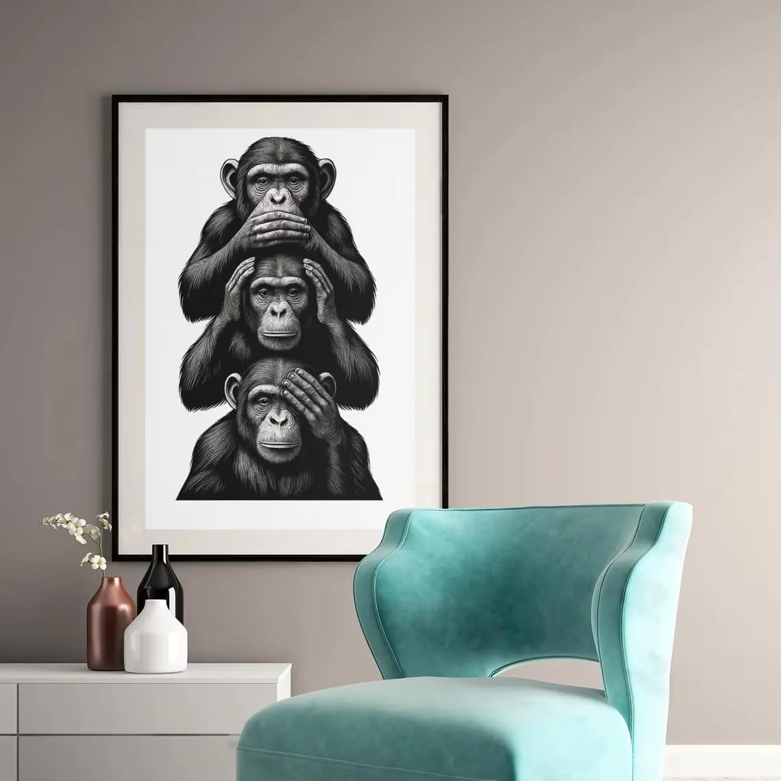Dfzewki Multicolor Three Wise Monkeys Wall Art, See No Evil Hear No Evil Speak No Evil Poster, Black And White Animal Canvas Prints Decor(70X90cm(26X35in)/No Frame)