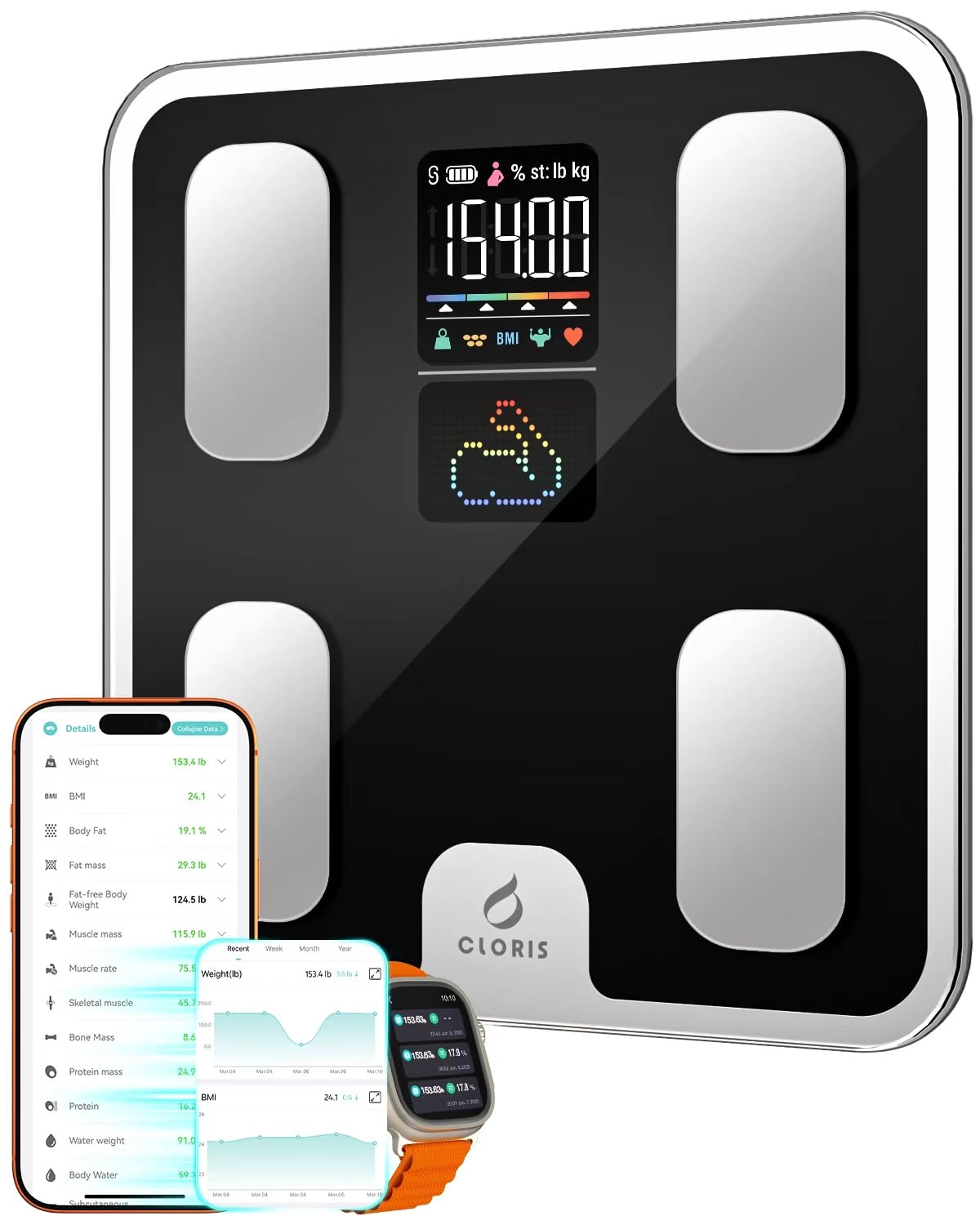 CLORIS Smart Scale for Body Weight Fat, Digital Bathroom Weighing Machine for Accurate BMI Muscle Mass Composition Health Analyzer with App Bluetooth