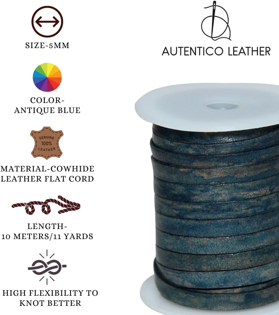 Flat String Cord for Making Necklace, Bracelets and Jewellery, Genuine Cowhide Leather Strap Braided Cord for Shoe Laces and DIY Crafts (Antique Blue Distressed, 5mm 10 Meters)
