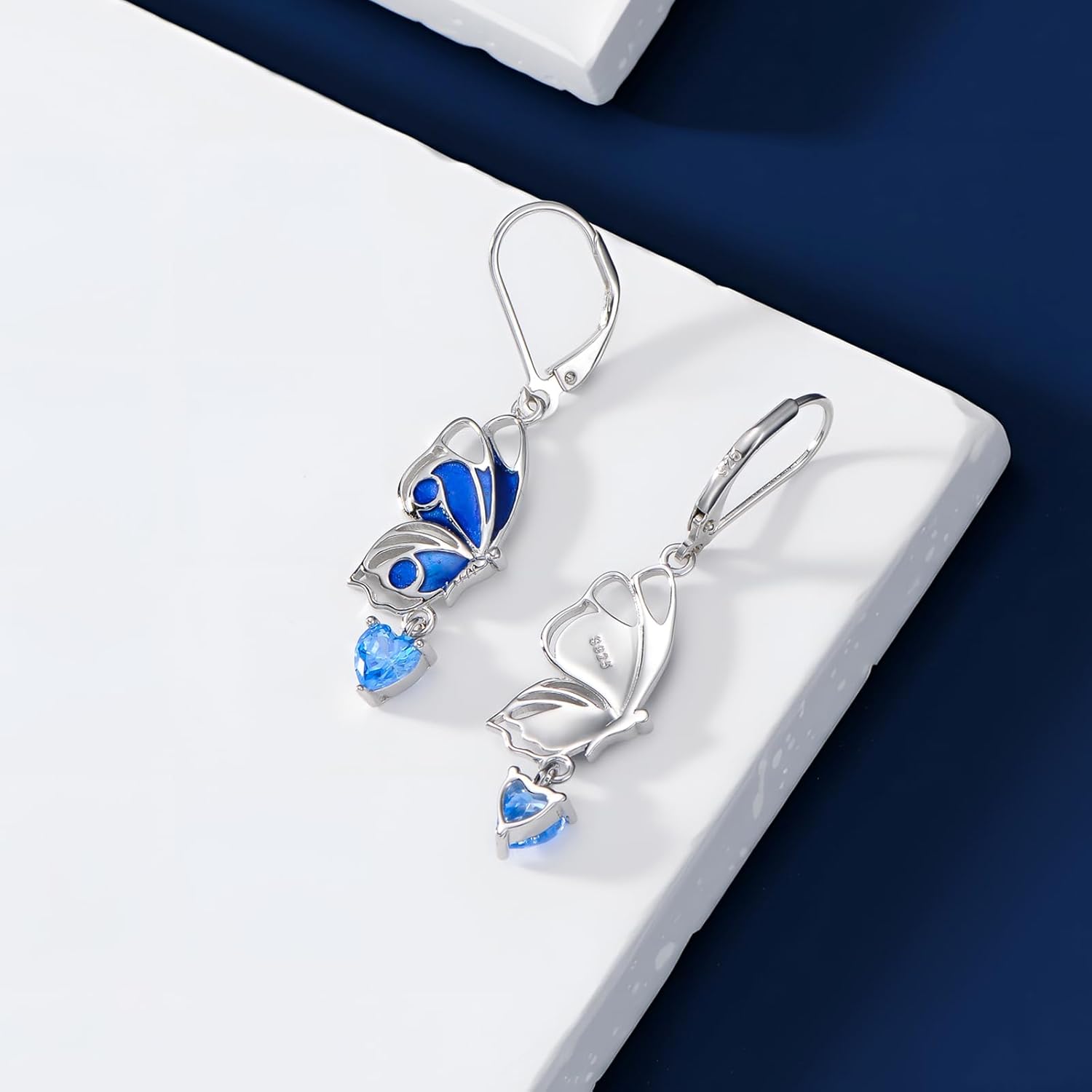 925 Sterling Silver Blue Enamel Butterfly Dangle Leverback Earrings, Heart-Shaped Created Aquamarine Birthstone Earrings, Elegant Filigree Animal Jewelry Gift for Women - Image 5