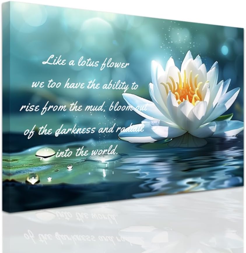 ZXHYWYM White Lotus Flower Wall Art Lotus Motivational Quotes Zen Decor for Bathroom Yoga Office Flower on Water Pictures Spa Canvas Prints Framed (16" x 24")