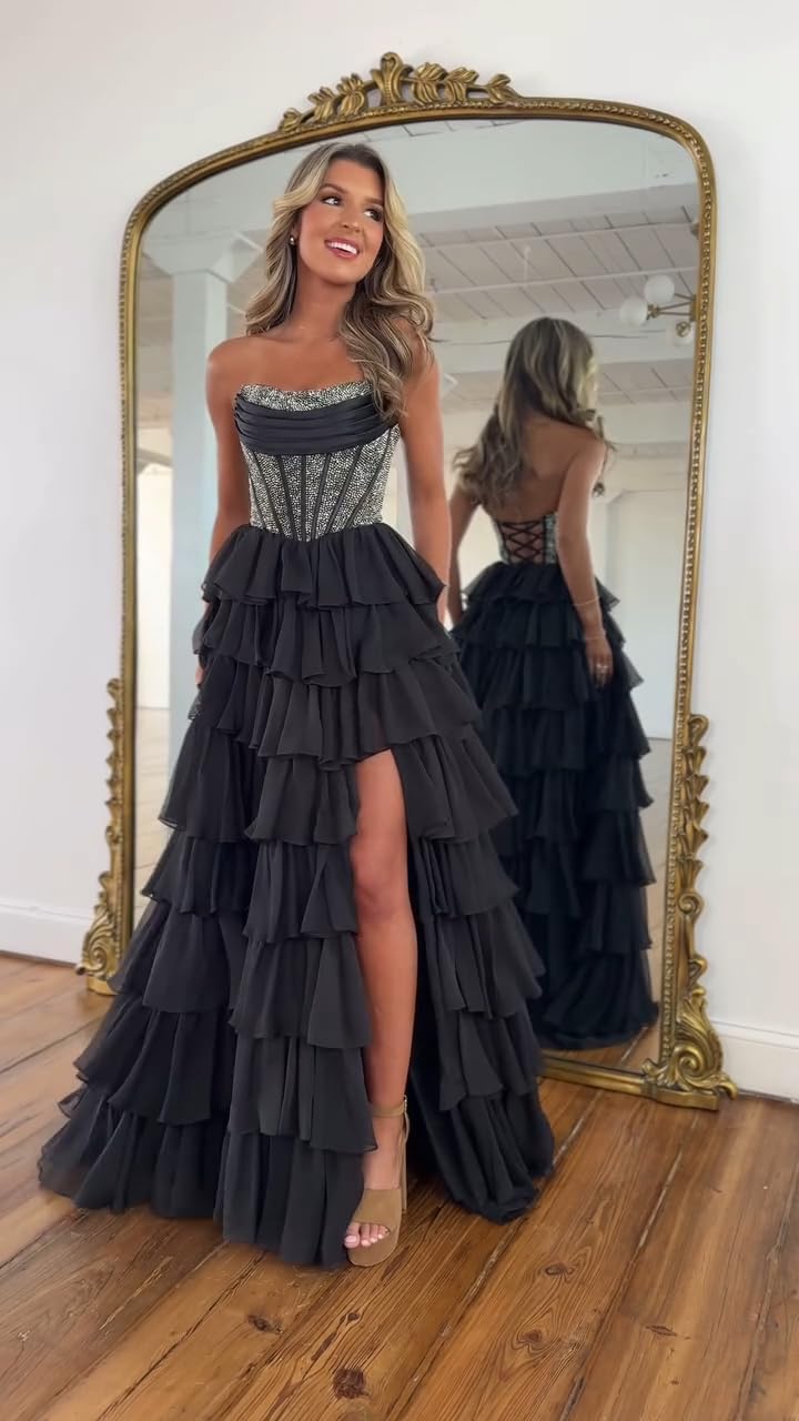 Strapless Ruffle Prom Dress Long for Teens 2026 Sparkly Tiered Chiffon Evening Party Gown with Slit
