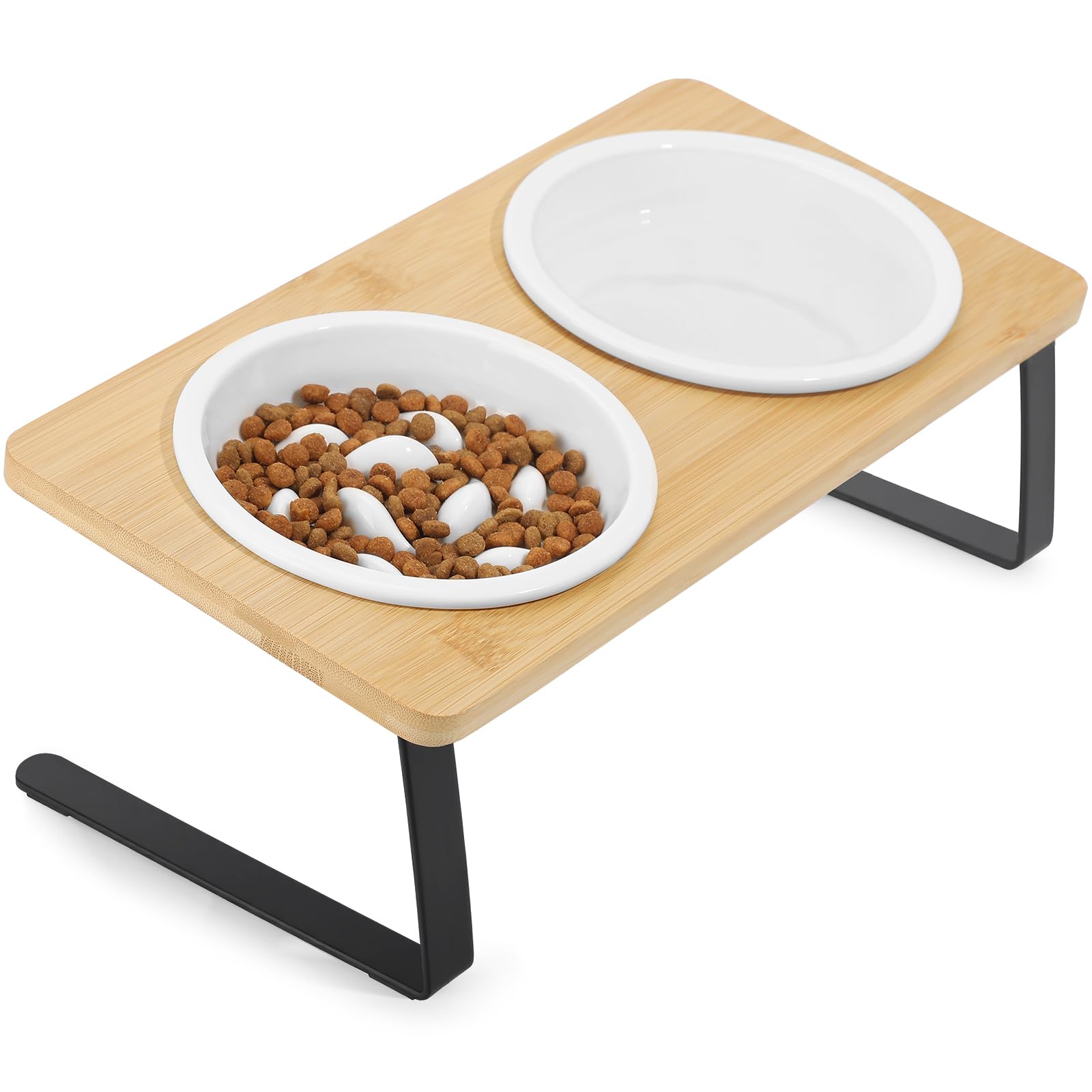 PETTOM Slow Feeder Cat Bowl Ceramic Set including Bamboo Stand, Raised Cat Bowls 15°Tilted