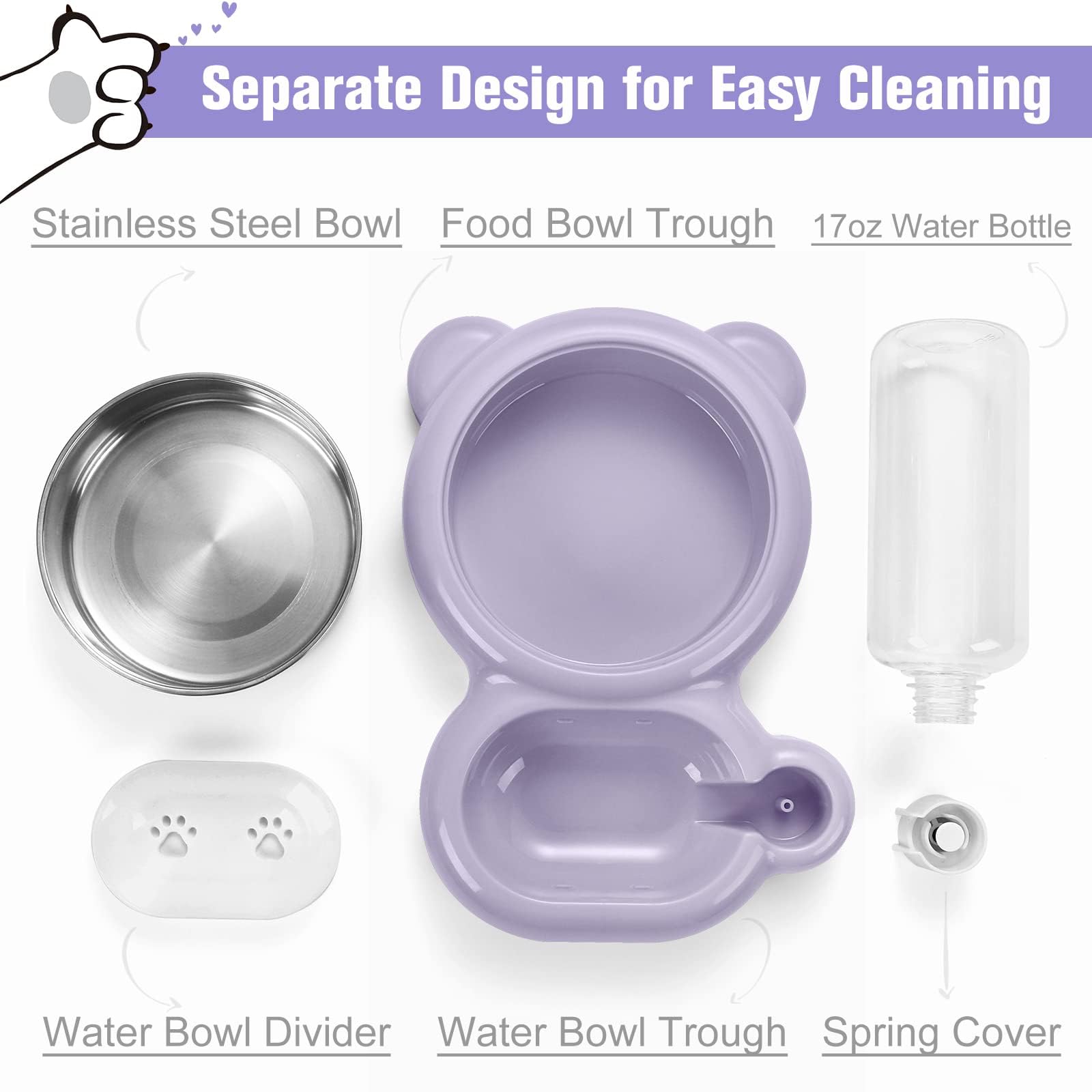 Cuencos for Perros y Gatos, Juego de comederos bebederos Acero Inoxidable for pequeños, Morado