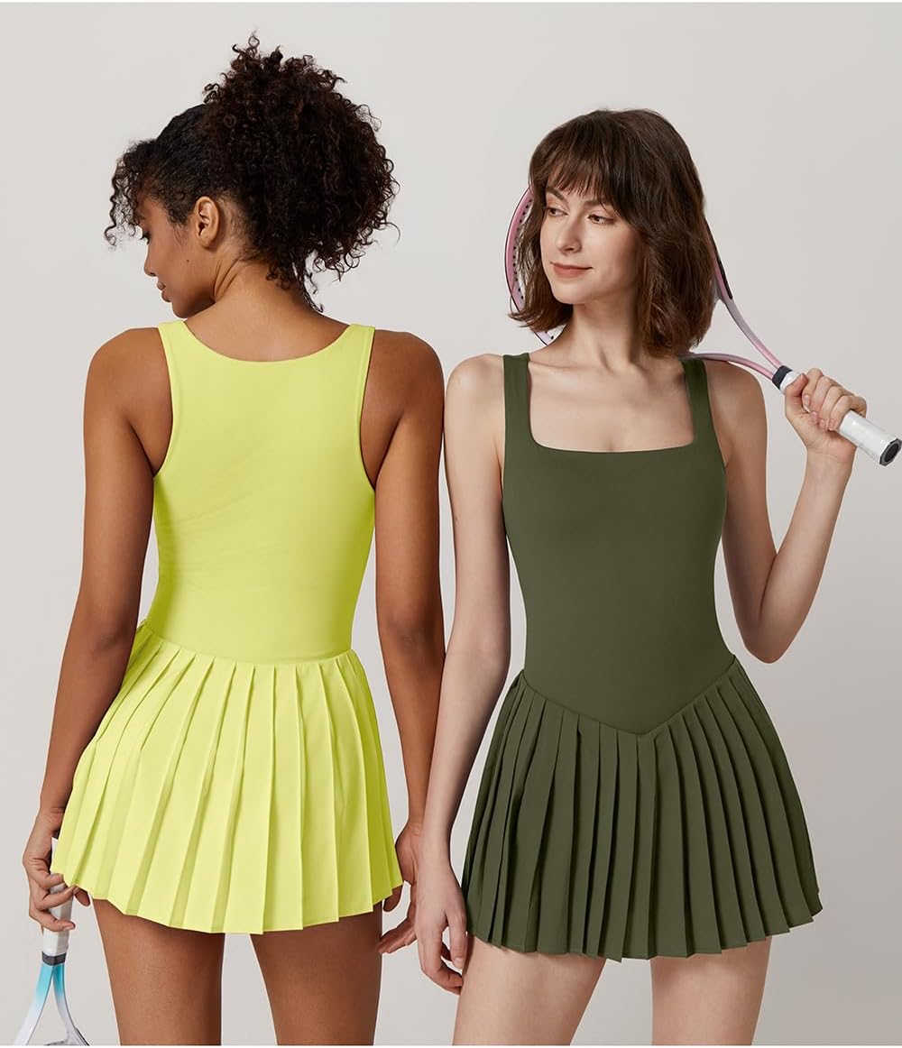 QINSEN Womens Square Neck Tennis Dress Pleated Sleeveless Built in Shorts Golf Athletic Dress with Pockets - Image 3